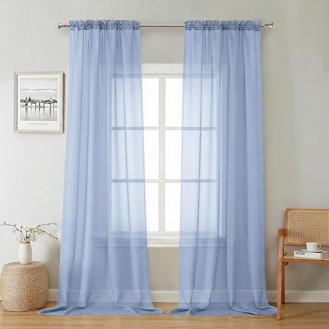 Denim Blue Sheer Curtains 96 Inches Long 2 Panels, Rod Pocket Light Filtering by Lecloud