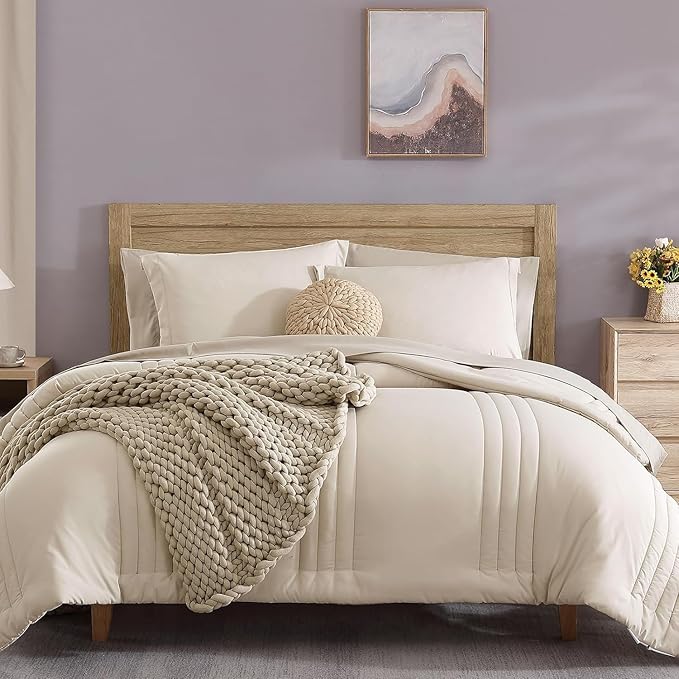 Monbix Oversized Queen Comforter Set - 7 Pieces Apricot Beige Bed in a Bag Queen Bedding Sets with Comforters, All Seasons Down Alternative Comforter Bed Set with Sheets,Pillowcases & Shams