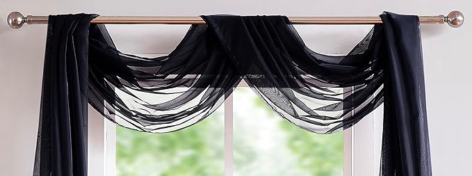 Warm Home Designs 18 Feet Long Sheer Black Window Scarf. These Long Length Valance Window Scarves are 54 X 216 Inches in Size. Great as Bed Canopy or Wedding Arch Draping Fabric. AM Black 216"