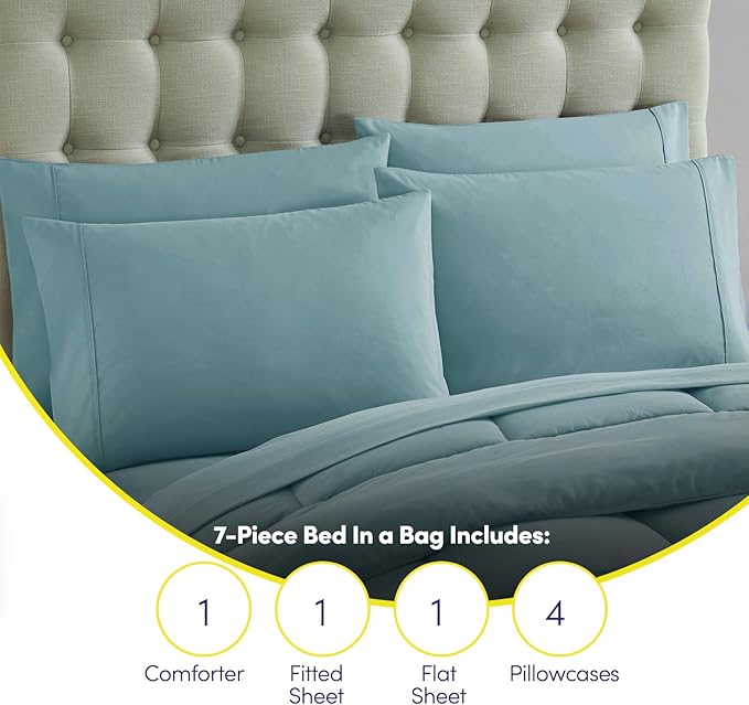 Sweet Home Collection 7 Piece Comforter Set Bag Solid Color All Season Soft Down Alternative Blanket & Luxurious Microfiber Bed Sheets, Misty Blue, Queen