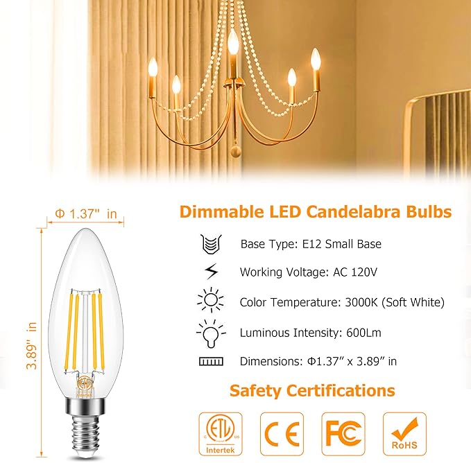 Cotanic Dimmable Candelabra LED Bulb 3000K Soft White,E12 Base Ceiling Fan Light Bulb 60W Equivalent, B11 LED Candle Shape with Clear Glass,C35 Filament Chandelier Light Bulb,600LM,8 Pack
