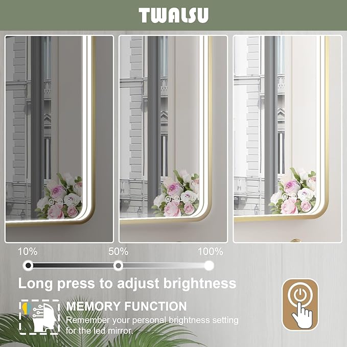 LED Bathroom Mirror with Lights, 32x32 Inch Gold Metal Framed LED Mirror for Bathroom, 3 Colors and Stepless Dimmable Wall Mounted Lighted Bathroom Vanity Mirror, Anti-Fog, Memory