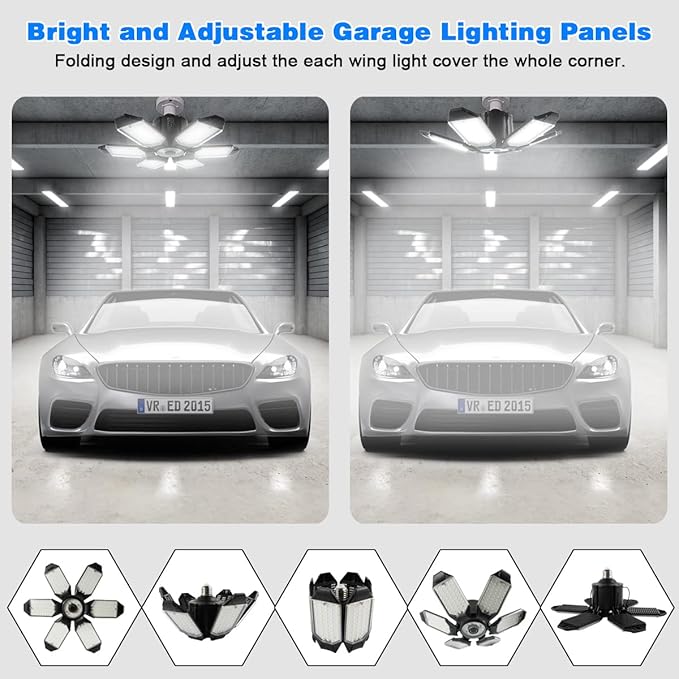 LED Garage Light - 160W Garage Light Bulb 64000LM 6500K Super Bright Garage Lighting w/ 6 Deformable Panels Screw in Shop Lights for Basement Workshop Warehouse Attic - 4Pack