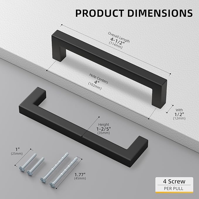 Goldenwarm 1 Pack Black Square Bar Cabinet Pull Drawer Handle Stainless Steel Modern Hardware for Kitchen and Bathroom Cabinets Cupboard, Center to Center 4in(102mm)