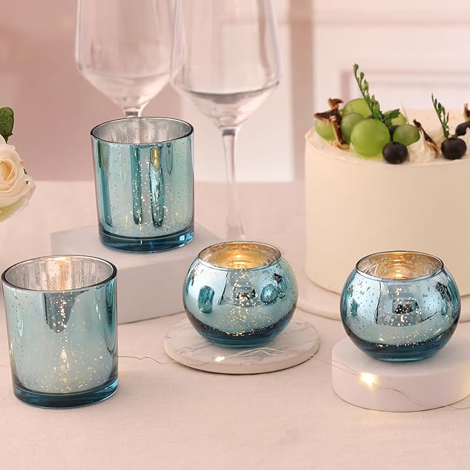 10 Pcs Assorted Lake Blue Votive Candle Holders, Larger Size Mercury Glass Candle Holder, Tealight Candle Holders for Wedding Decorations, Bridal Shower Table Decorations, Lake Blue Centerpieces