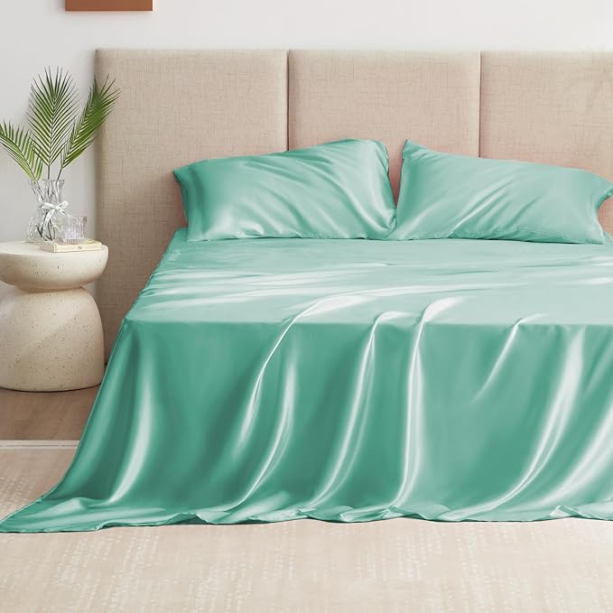 Love's cabin California King Satin Sheet Sets - 4 Piece Aqua Silky Sheets Bed Set with Deep Pocket, Luxury Silk Feel Satin Cal King Sheet Set (1 Flat Sheet,1 Fitted Sheet,2 Pillow Cases)