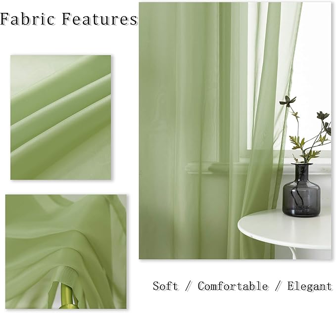 DUALIFE 54 Inch Length Sage Green Sheer Curtains for Kitchen Window 2 Panels Set Home Decoration Spring Window Treatments for Living Room Bathroom Dining Room St Patric Day Decor 52X54 Inhces Long