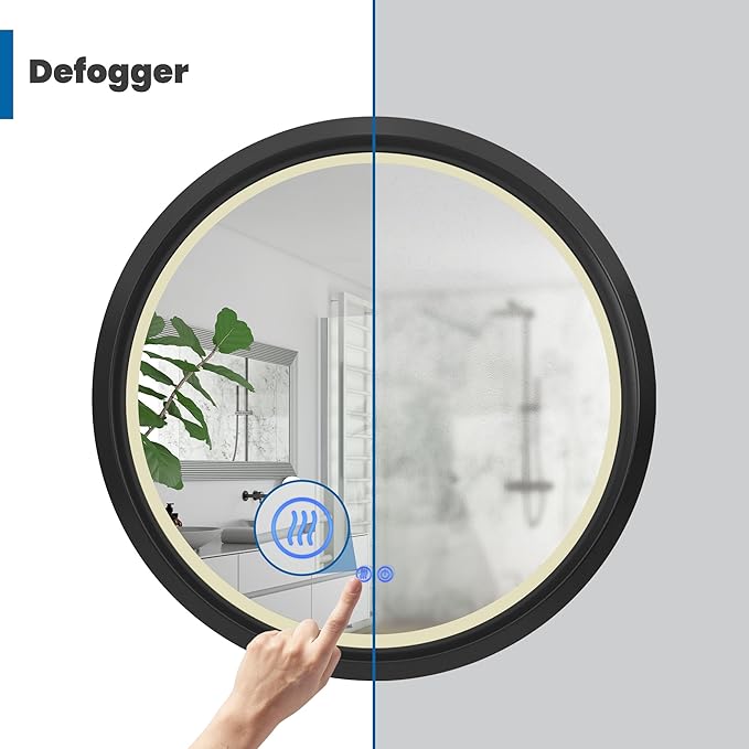 Round LED Mirror 24 Inch for Bathroom, Black Metal Frame Lighted Vanity Mirror,Wall Mounted Circle with Lights,6000K Anti-Fog & Dimmable Touch Button
