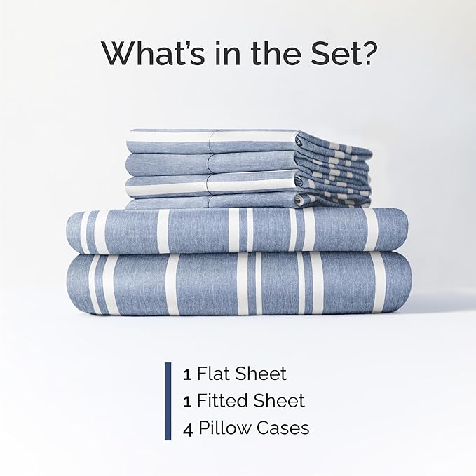 Cal King 6 Piece Sheet Set - Comfy Breathable & Cooling - Soft Hotel Luxury Bedding Set w/ 8-16 Inch Deep Pockets - 1 Flat & 1 Fitted Sheet & 4 Pillowcases - Wrinkle Free & Easy Care - Blue Stripes 3