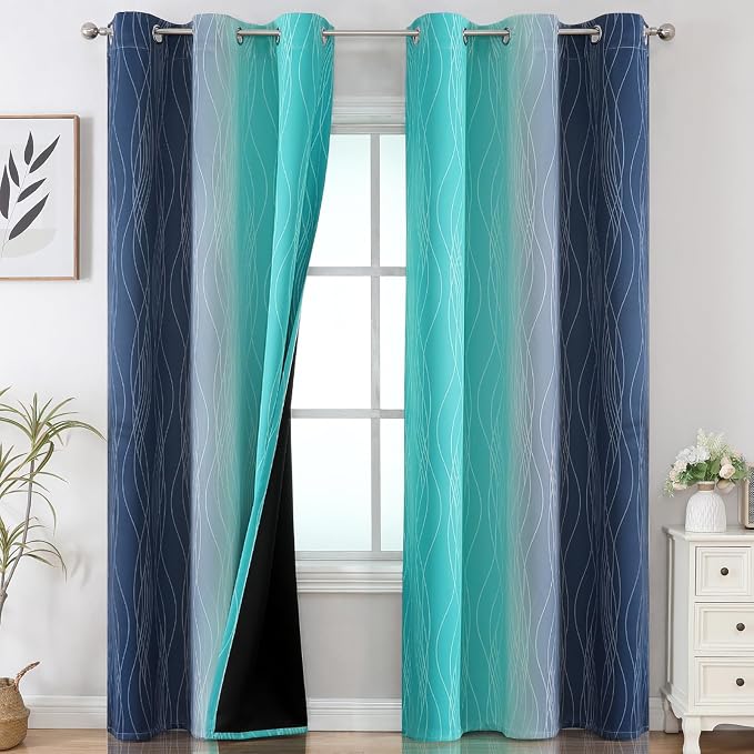 Navy Blue and Teal Gradient Blackout Curtains by ESTELARTEXTILER