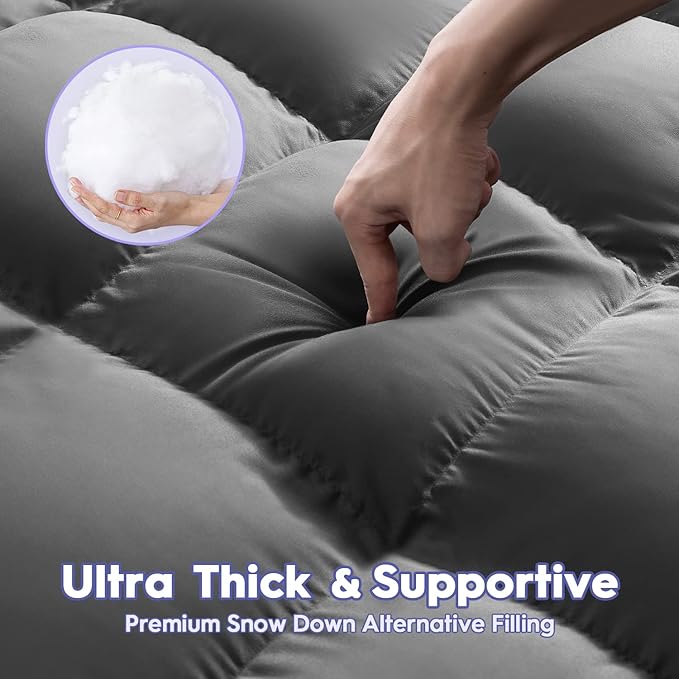 ABENE Mattress Topper King for Back Pain Relief, Extra Thick Mattress Pad Pillowtop, Soft Mattress Protector Cover with 8"-21" Deep Pocket, Overfilled Down Alternative Filling (Gray, King)