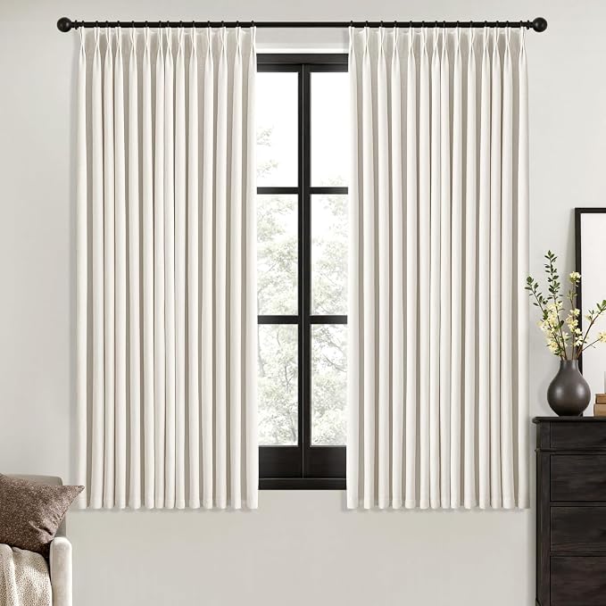 MIULEE Beige White Pinch Pleated 100% Blackout Linen Curtains 40x63 Inches | by MIULEE