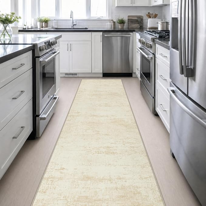 3x14 Washable Runner Rug：Modern Abstract Kitchen Soft Carpet Beige | - Image 5