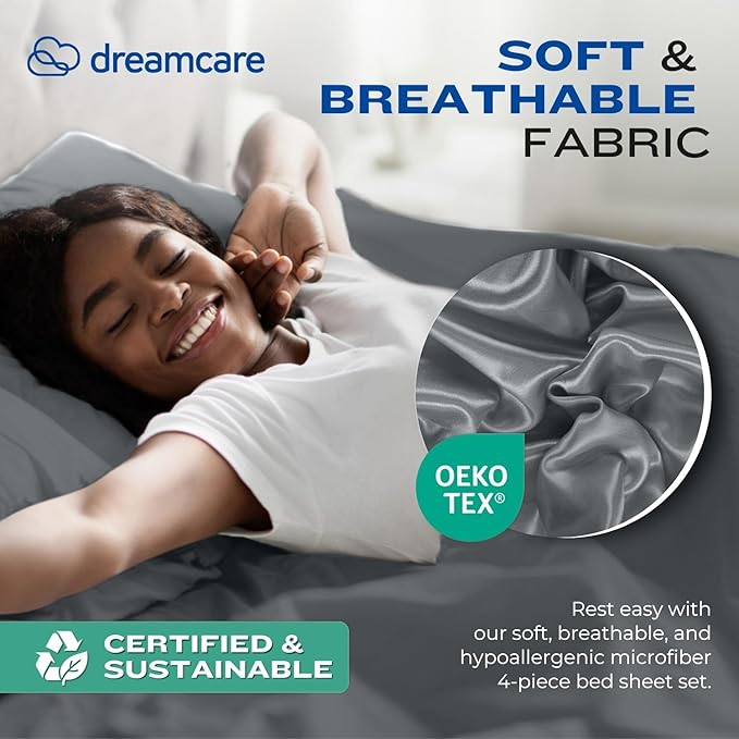 DREAMCARE Queen Sheet Set – 4 pcs Cooling Sheets – up to 21” Extra Deep Pocket Queen Sheets – Hotel Luxury Sheets & Pillowcases – Superior Softness 100% Fine Microfiber with Side Pocket – Dark Gray
