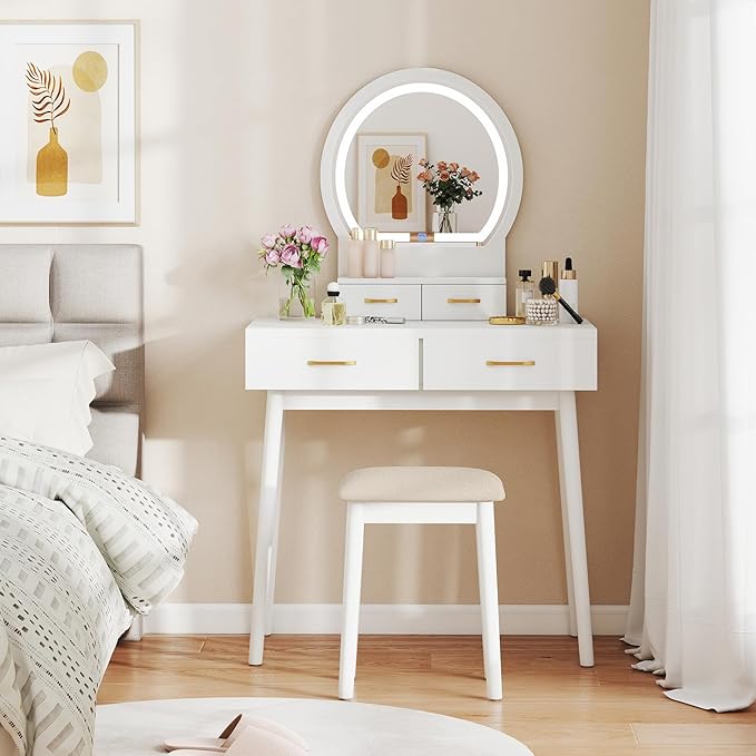 CHARMAID Vanity Desk with Mirror and Lights, Modern Makeup Vanity Table with 4 Drawers, 3-Color Dimmable LED Mirror, Girls Dressing Table and Stool Set for Small Bedroom (White)