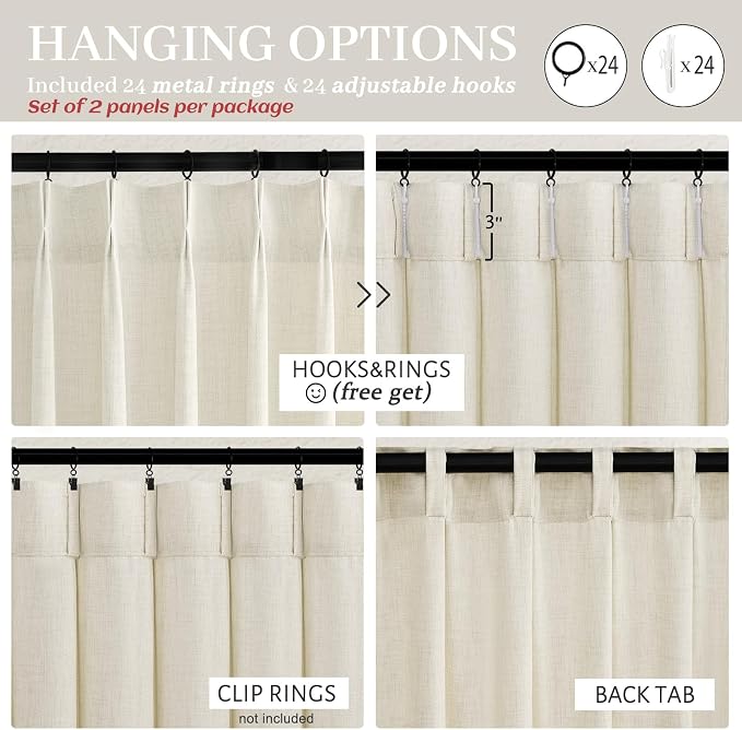 Extra Wide 70 Inch Cream Light Filtering Curtains 108 Inches Long 2 Panels Set - Image 7