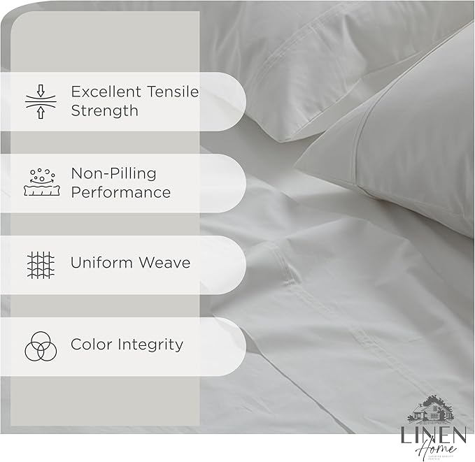 Linen Home 100% Cotton Percale Sheets Twin XL Size, White, Deep Pocket, 3 Pieces Set - 1 Flat, 1 Deep Pocket Fitted Sheet and 1 Pillowcase, Crisp Cool and Strong Bed Linen