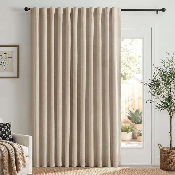 Linen Textured Total Blackout Sliding Door Curtains 84 Inches Long, Oatmeal | by 100BlackoutShield