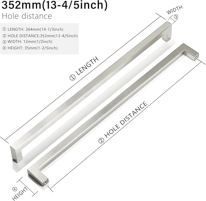 Cabinet Pulls Brushed Nickel Cabinet Handles Square Drawer Pulls, 50 Pack 13-4/5 Inch Stainless Steel Kitchen Door Cupboard Cabinet Handles, Hardware Drawer Handles, 352mm Hole Centers