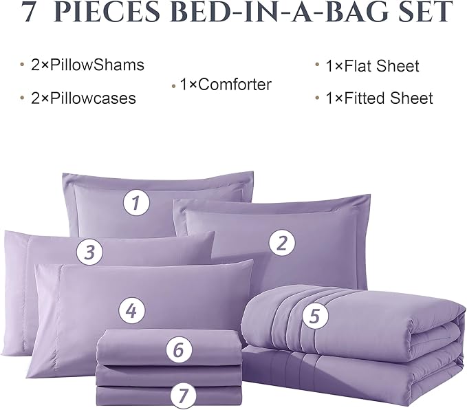 Monbix Queen Comforter Set - 7 Pieces Light Purple Bed in a Bag Queen Bedding Sets with Comforters, All Seasons Down Alternative Comforter Bed Set with Sheets, Pillowcases & Shams