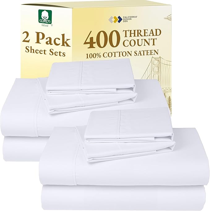 California Design Den 2-Pack Full Size Sheet Sets - 400 Thread Count 100% Cotton Sateen - Extra Soft, Breathable & Cooling Sheets, Wrinkle Resistant, 2 Sets of Deep Pocket Bed Sheets - Bright White