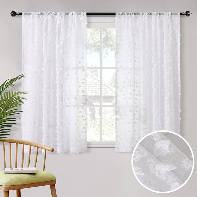 MYSKY HOME White Sheer Short Curtains with Pom Pom for Small Windows Bedroom Nursery Kids Girls Room Curtains Cafe Kitchen Light Filtering Boho Drapes, Rod Pocket,38 x 45 Inches, 2 Panels