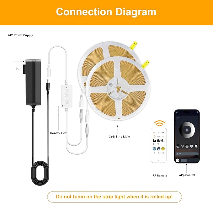 COB LED Strip Lights Cool White,24V Dimmable led Light Strip KIT with Remote and app Control,6000K 50FT/15m 8mm Wide Ra>90 Cuttable Flexible Strip Lights for Bedroom,Shelf,Cabinet