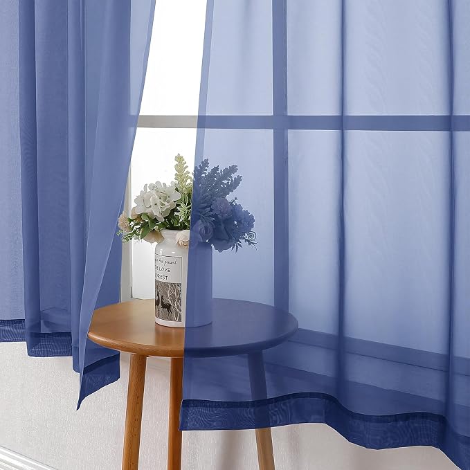 Royal Blue Sheer Curtains 45 Inch Length 2 Panels, Voile Rod Pocket Curtain - Image 7