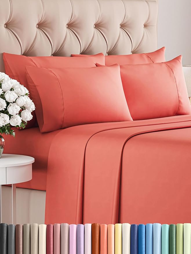 Queen 6 Piece Sheet Set - Comfy Breathable & Cooling - Ultra Soft Hotel Luxury Bedding Set w/ 8-16 Inch Deep Pockets - 1 Flat & 1 Fitted Sheet & 4 Pillowcases - Cozy, Wrinkle Free & Easy Care - Coral