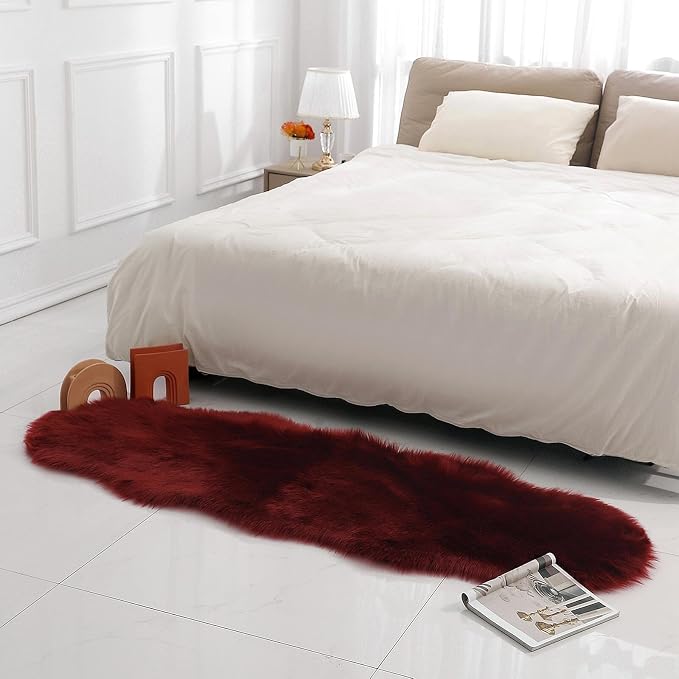 linmopm Faux Fur Rug Sheepskin Shag Fluffy Fuzzy Red 2x6 ft Runner Rugs - Image 3
