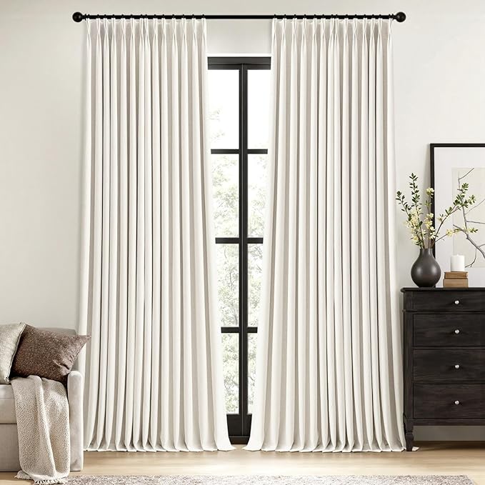MIULEE Beige White Pinch Pleated 100% Blackout Linen Curtains 40x108 Inches | by MIULEE