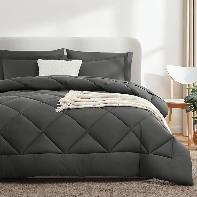 CozyLux Oversized Queen Comforter Set Dark Grey, 7 Pieces Bed in a Bag Comforter Set with Sheets Luxury Bed Set All Seasons, Bedding Set with Down Alternative Comforter, Sheets, Pillowcases & Shams