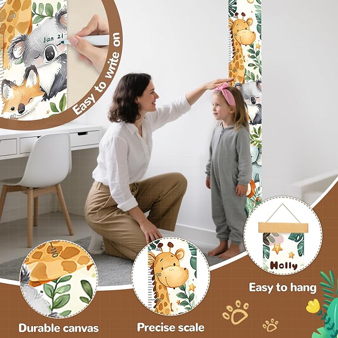 Personalized Name Kids Height Wall Chart,Animals Canvas Height Chart for Kids, Growth Chart for Wall Baby Room Nursery,Toddler Height Wall Chart Hanging Rulers for Children Bedroom Playroom Wall Decor