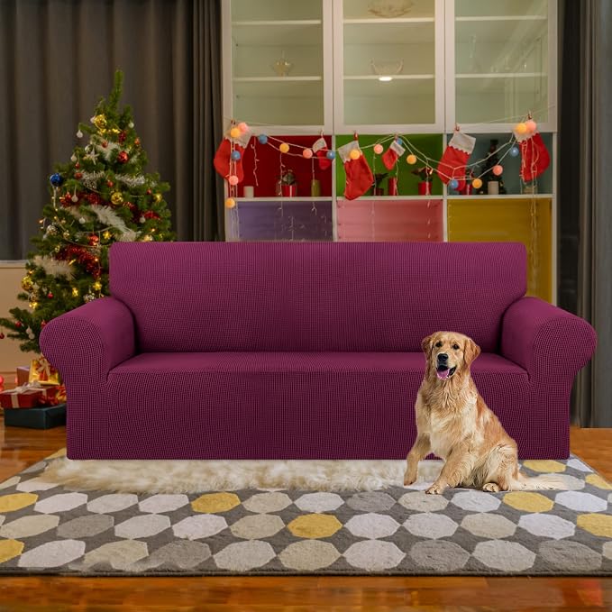Stretch Couch Covers for Sofa, 3 Cushion Couch Slipcover, Wine | 1-Piece - Image 2