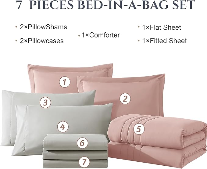 Monbix Queen Comforter Set - 7 Pieces Light Pink Bed in a Bag Queen Bedding Sets with Comforters, All Seasons Down Alternative Comforter Bed Set with Sheets, Pillowcases & Shams