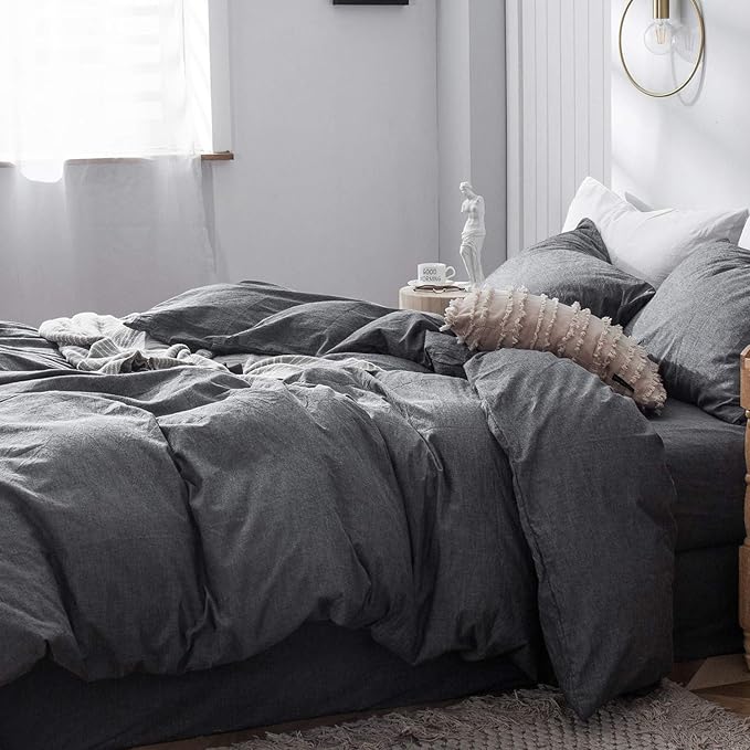MooMee Bedding Duvet Cover Set 100% Washed Cotton Linen Like Textured Breathable Durable Soft Comfy (Heathered Dark Grey, Alaska King 132"x120")