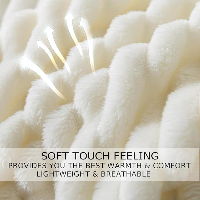 Cuddly Twin Size Blanket, Fluffy Fleece, Warm & Soft with Striped Pattern, 66x90 Inches, Cream