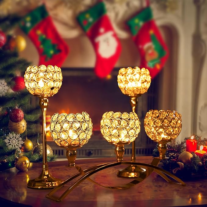 VINCIGANT 4Pcs Christmas Table Decoration Gold Bulk Decorative Tealight Candle Holder for Wedding,3-Candle Candelabras for Christmas Party Dinning Room Table Centerpiece,Gift Boxed for Thanksgiving