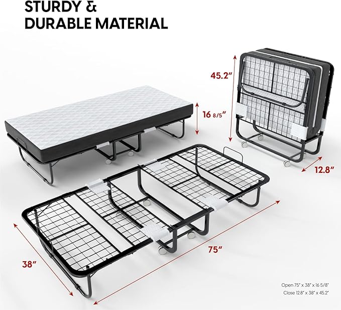 EconoHome Folding Bed with Mattress - 75x38 Twin Size Frame - Portable Rollaway Guest Bed with 5-inch Memory Foam Mattress - Space-Saving Foldable Design for Easy Storage