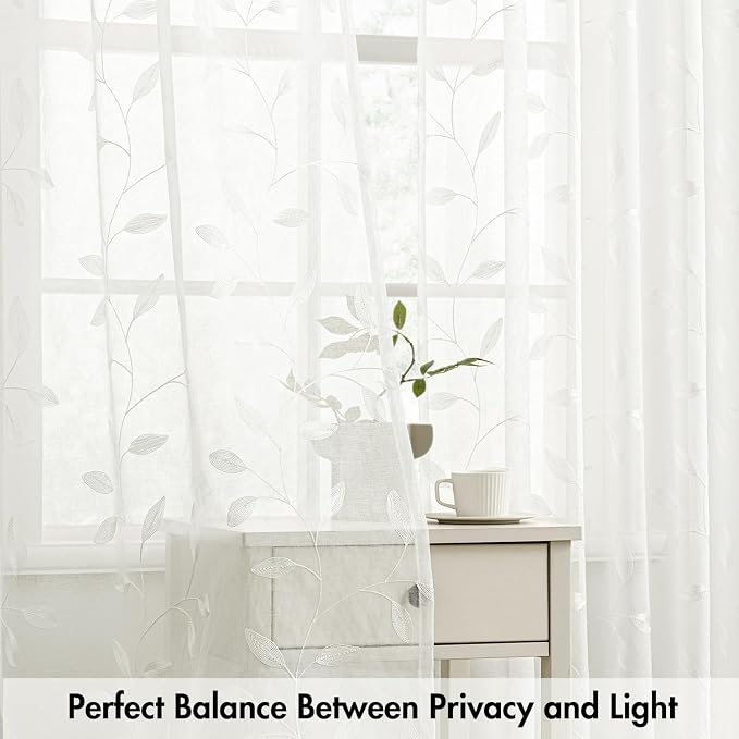 MIULEE Ivory Sheer Curtains 2 Panels Embroidered Leaf Patterned, W52 x L96 | - Image 5