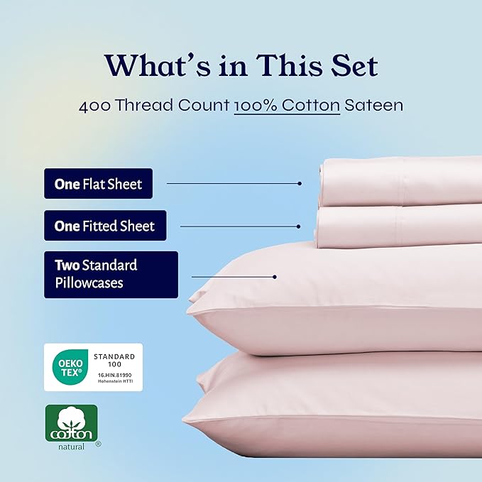 California Design Den Full Size Bed Sheets Set - Soft 400 Thread Count Sateen, Natural 100% Cotton Sheets with Deep Pockets, Breathable, Cooling and Durable Bedding Set - Pink