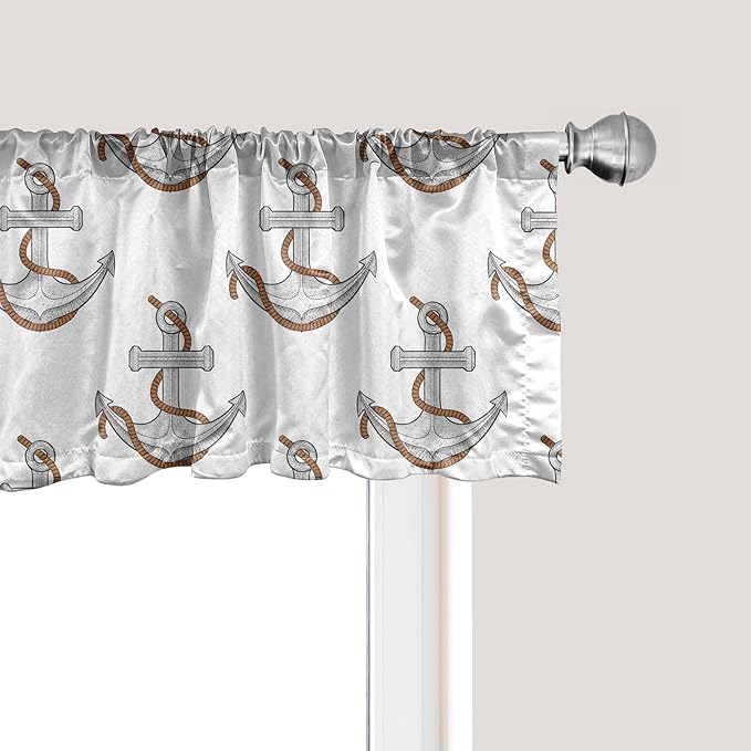Ambesonne Vintage Nautical Tattoo Window Valance, Repetitive Anchor and Motif Maritime Pattern, Curtain Valance for Kitchen Bedroom Decor with Rod Pocket, 54" X 18", Pale Cinnamon Pale Grey