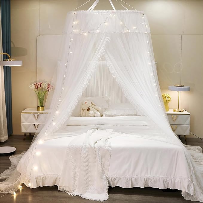 VETHIN Princess Bed Canopy for Girls Double Layer Sheer Mesh Dome Elegant Lace Mosquito Net Bed Curtain for Full Queen King Bed with led Stars String Lights(White/White)