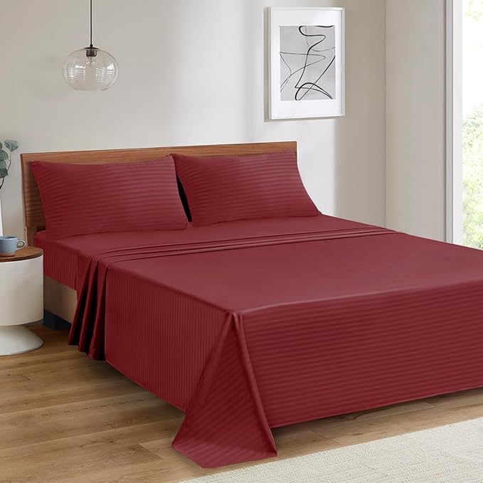 Mejoroom Striped Queen Size Sheet Set - Hotel Luxury 1800 Bedding Sheets & Pillowcases - Deep Pocket Fitted Sheet, Soft, Breathable, Wrinkle & Fade Resistant - 4 Piece (02-Burgundy)