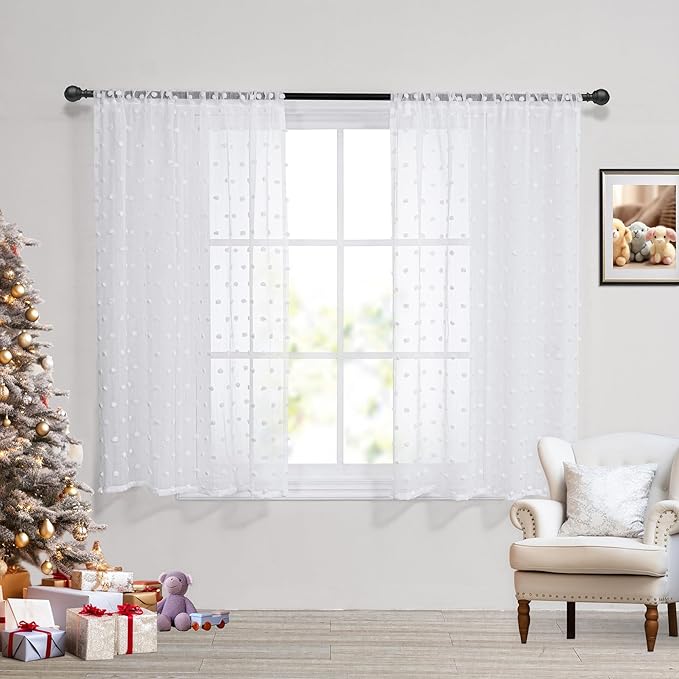 MYSKY HOME Kitchen Curtains 54 Inches Long Small Window Curtains for Bathroom Cafe Bedroom White Pom Pom Curtains for Nursery Boys Room Rod Pocket 2 Pieces Drapes 52 x 54 inch Length