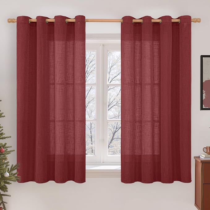 Burgundy Red Semi Sheer Linen Curtains 45 Inches Long, Light Filtering Panels by LAMIT