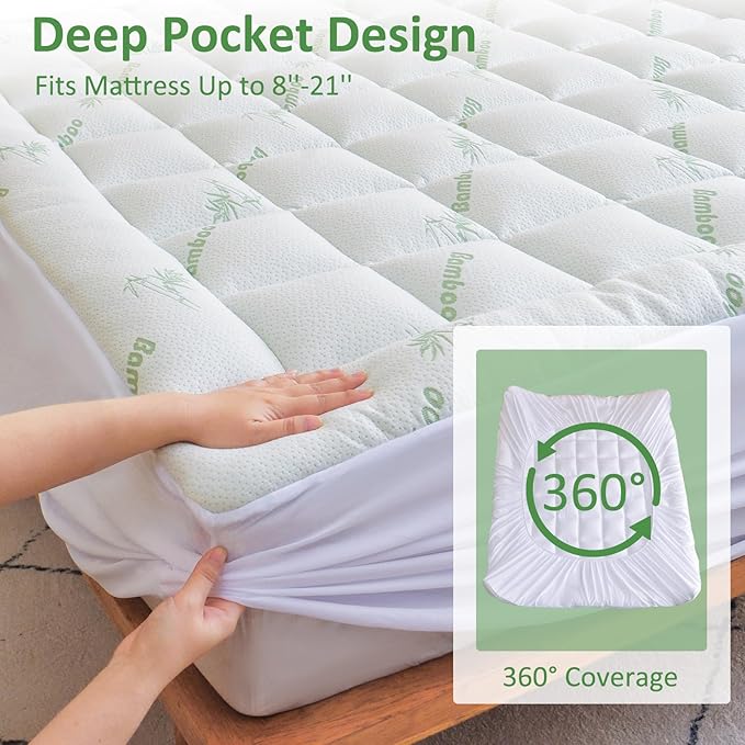 Bioeartha Cooling Mattress Topper Queen – Extra Soft Pillow Top Mattress Pad, Breathable Viscose Made from Bamboo Mattress Protector for Back Pain Relief, Deep Pocket Cover Fits 8–21 Inch