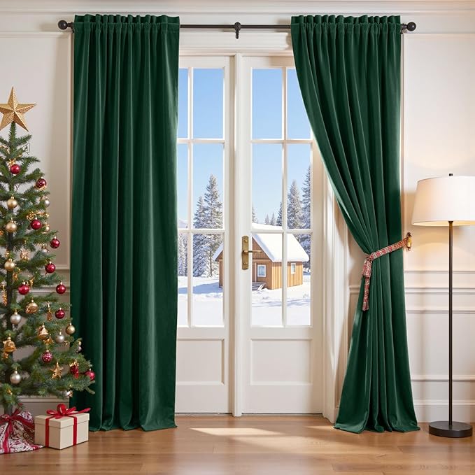 Lazzzy Velvet Blackout Curtains Thermal Insulated Room Window Drapes Super Soft Luxury Curtains for Living Room Bedroom Rod Pocket 2 Panels, Emerald Green, 42" W x 96" L