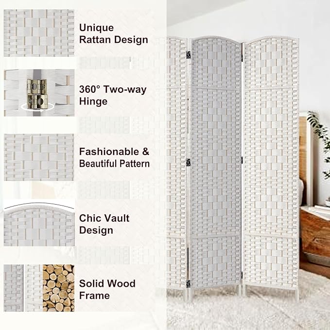 Rose Home Fashion 6 ft Tall Room Divider, Room Dividers and Folding Privacy Screens, 15.7in Privacy Screen 8 Panel Partition Temporary Wall Separation for Private, White