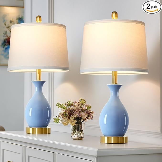 24″ Light Blue Ceramic Table Lamps Set of 2, Modern Classic Bedside Lamps for Bedroom Nightstand, Small Table Lamp for Living Room Side Table (2 LED Bulbs Included)